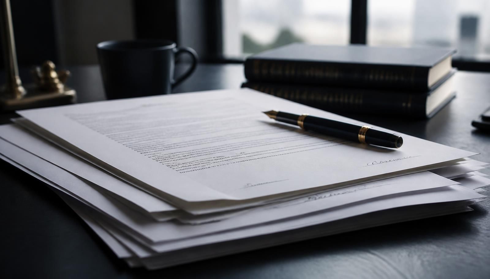 Stack of signed legal contracts and letters on a desk with a fountain pen